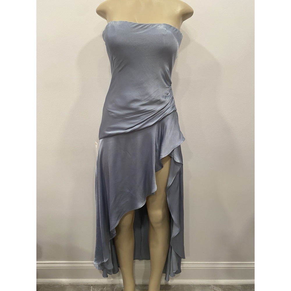 Bardot Lorenzo strapless asymmetrical hymn satin cocktail dress Dusty blue SZ 4